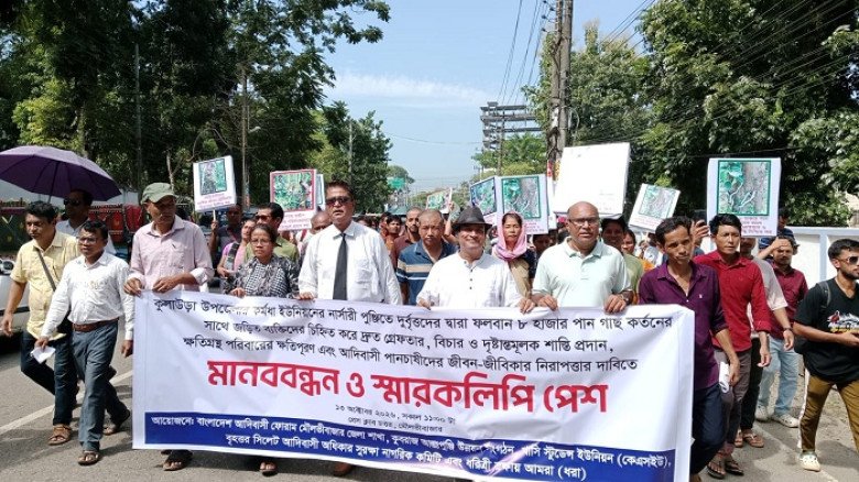 খাসিয়া পুঞ্জির পানগাছ কর্তনের প্রতিবাদে মৌলভীবাজারে মানববন্ধন ও স্মারকলিপি প্রদান